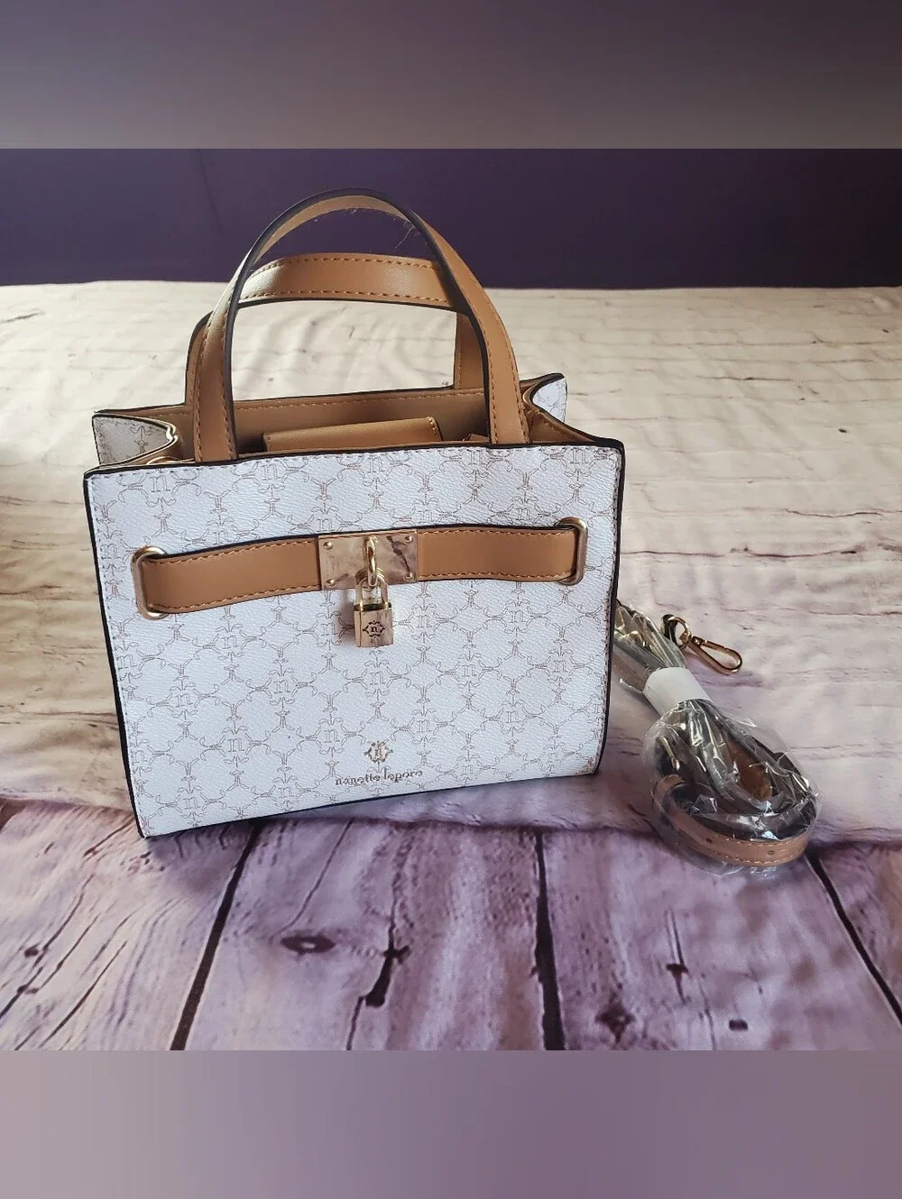 Nanette Lepore White & Tan Shoulder Bag With Lock Accent Preppy Office Career